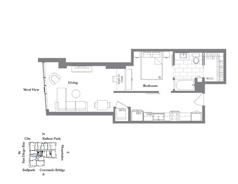 Floor plan for 1 bed, 1 bath, 658 sqft